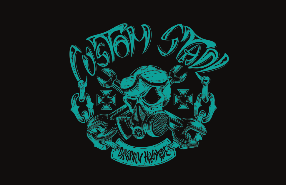 Grünes Vintage-Design mit Totenkopf, Werkzeug und Schriftzug "Custom Shop".